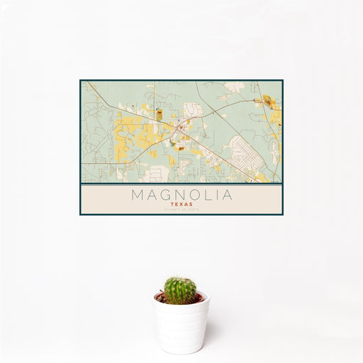12x18 Magnolia Texas Map Print Landscape Orientation in Woodblock Style With Small Cactus Plant in White Planter