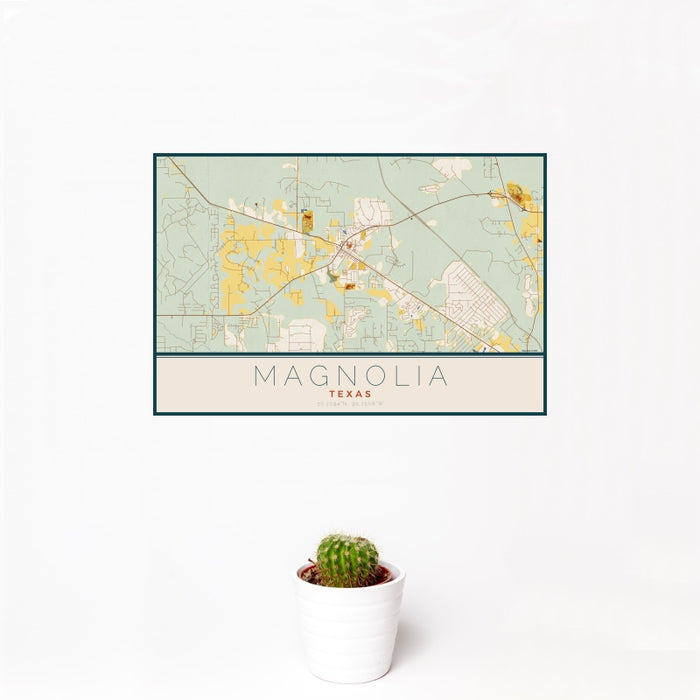 12x18 Magnolia Texas Map Print Landscape Orientation in Woodblock Style With Small Cactus Plant in White Planter