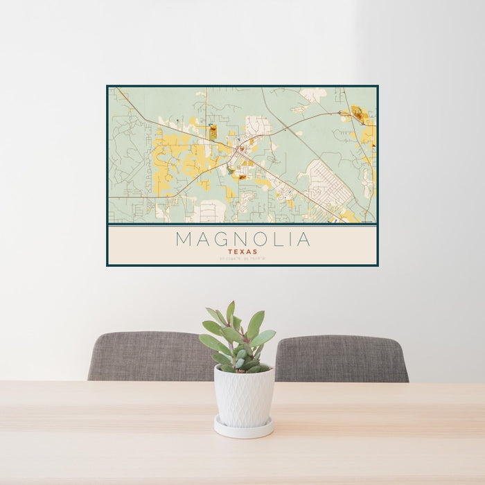 24x36 Magnolia Texas Map Print Landscape Orientation in Woodblock Style Behind 2 Chairs Table and Potted Plant