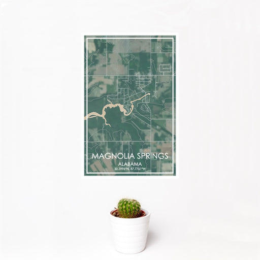 12x18 Magnolia Springs Alabama Map Print Portrait Orientation in Afternoon Style With Small Cactus Plant in White Planter