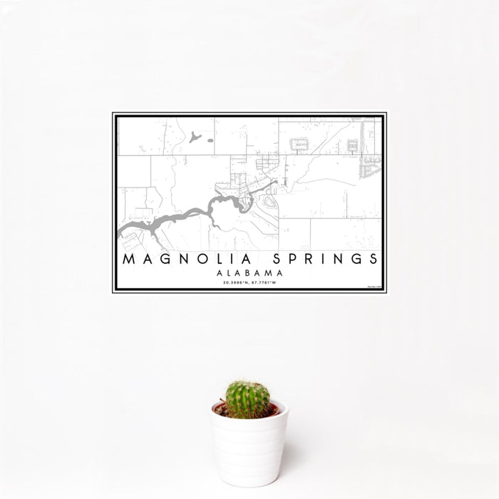 12x18 Magnolia Springs Alabama Map Print Landscape Orientation in Classic Style With Small Cactus Plant in White Planter