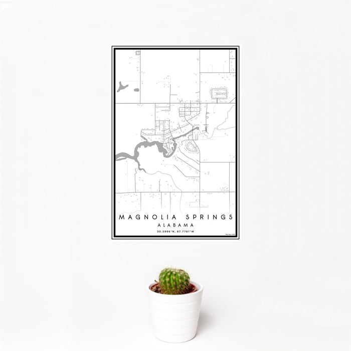 12x18 Magnolia Springs Alabama Map Print Portrait Orientation in Classic Style With Small Cactus Plant in White Planter