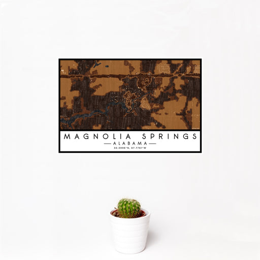 12x18 Magnolia Springs Alabama Map Print Landscape Orientation in Ember Style With Small Cactus Plant in White Planter