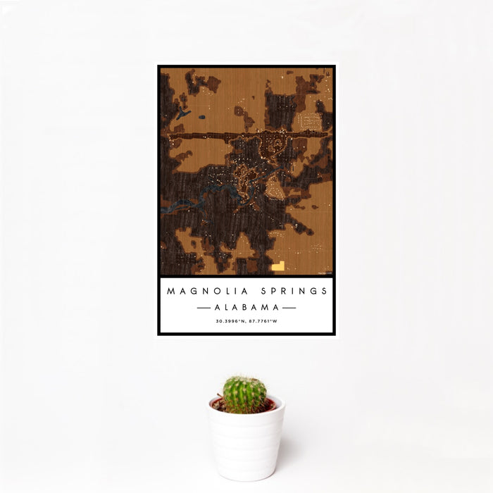 12x18 Magnolia Springs Alabama Map Print Portrait Orientation in Ember Style With Small Cactus Plant in White Planter