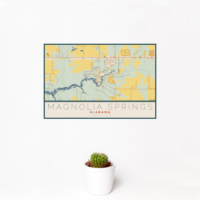 12x18 Magnolia Springs Alabama Map Print Landscape Orientation in Woodblock Style With Small Cactus Plant in White Planter