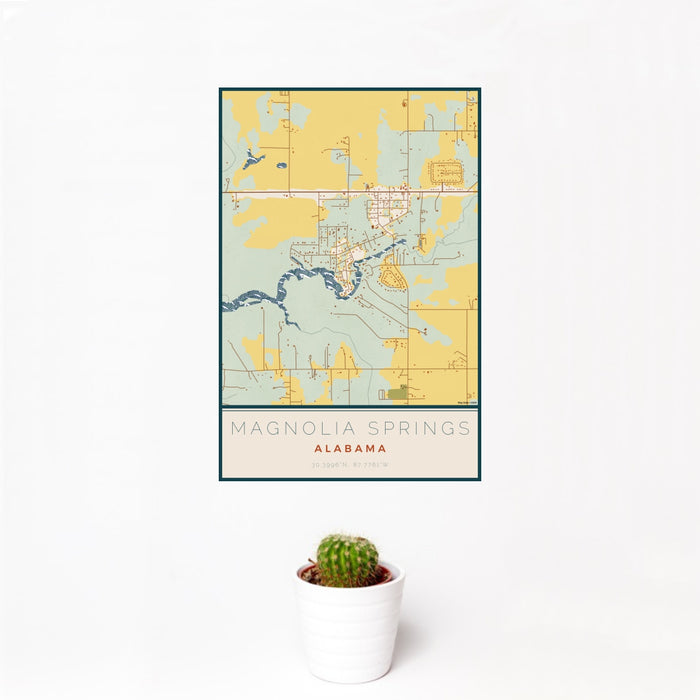 12x18 Magnolia Springs Alabama Map Print Portrait Orientation in Woodblock Style With Small Cactus Plant in White Planter