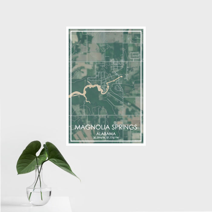 16x24 Magnolia Springs Alabama Map Print Portrait Orientation in Afternoon Style With Tropical Plant Leaves in Water