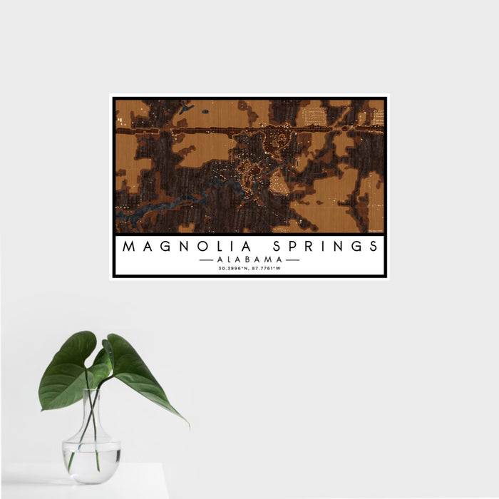 16x24 Magnolia Springs Alabama Map Print Landscape Orientation in Ember Style With Tropical Plant Leaves in Water