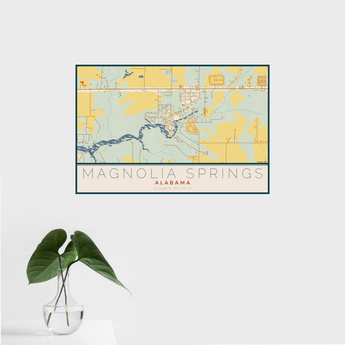 16x24 Magnolia Springs Alabama Map Print Landscape Orientation in Woodblock Style With Tropical Plant Leaves in Water