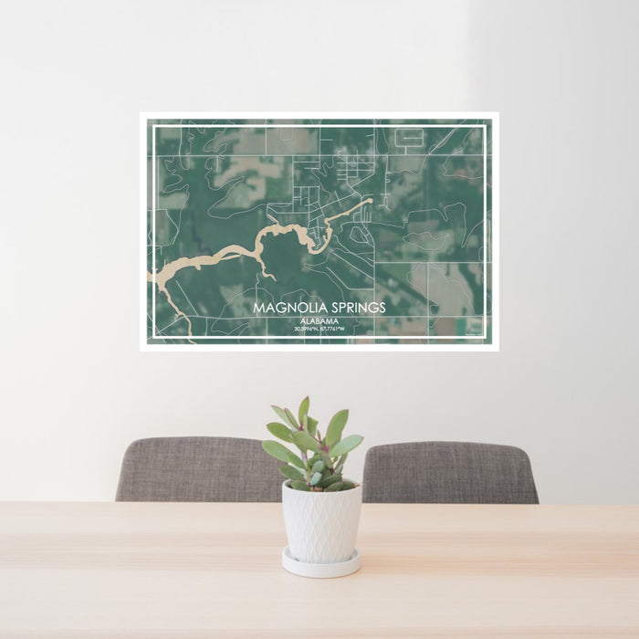 24x36 Magnolia Springs Alabama Map Print Lanscape Orientation in Afternoon Style Behind 2 Chairs Table and Potted Plant