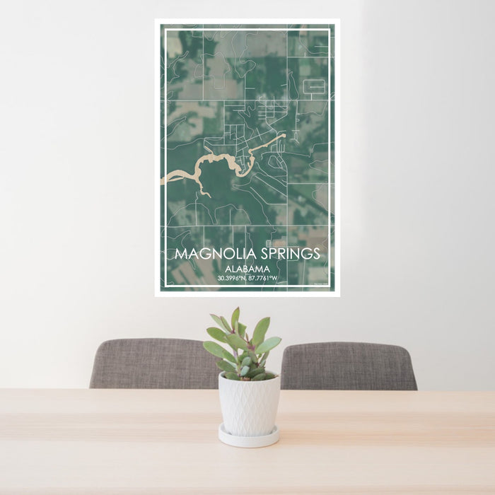 24x36 Magnolia Springs Alabama Map Print Portrait Orientation in Afternoon Style Behind 2 Chairs Table and Potted Plant