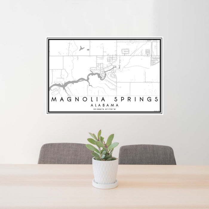 24x36 Magnolia Springs Alabama Map Print Lanscape Orientation in Classic Style Behind 2 Chairs Table and Potted Plant
