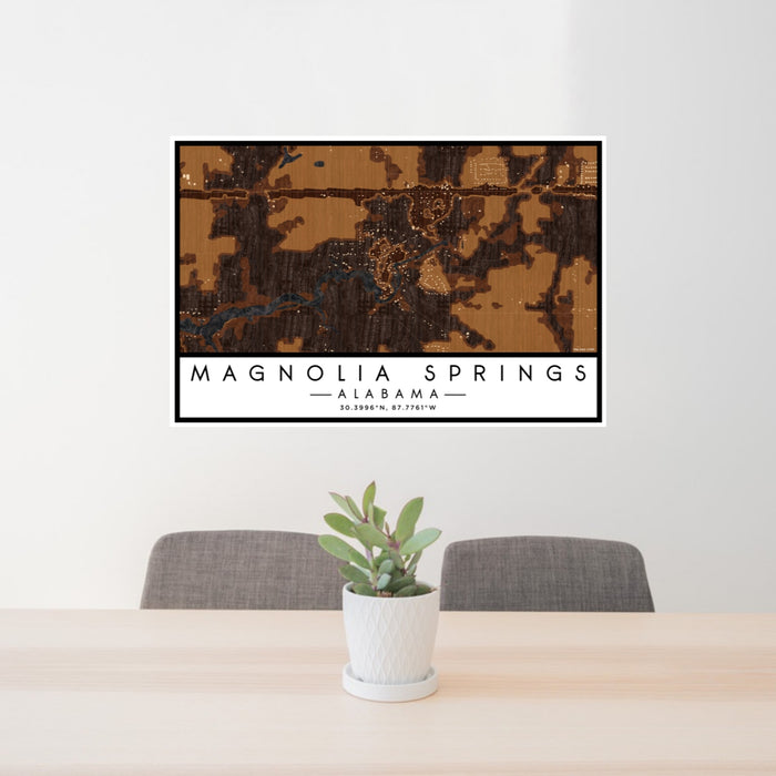 24x36 Magnolia Springs Alabama Map Print Lanscape Orientation in Ember Style Behind 2 Chairs Table and Potted Plant