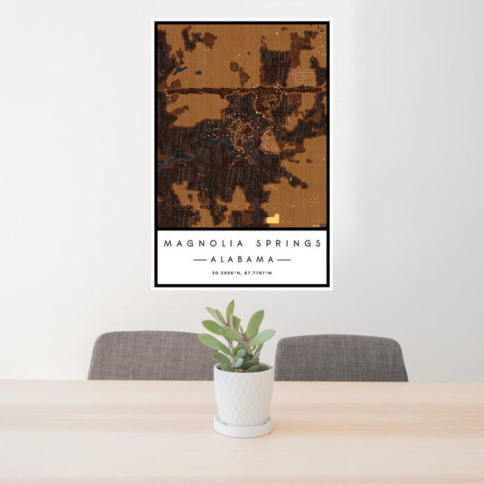 24x36 Magnolia Springs Alabama Map Print Portrait Orientation in Ember Style Behind 2 Chairs Table and Potted Plant