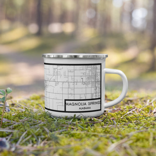 Right View Custom Magnolia Springs Alabama Map Enamel Mug in Classic on Grass With Trees in Background
