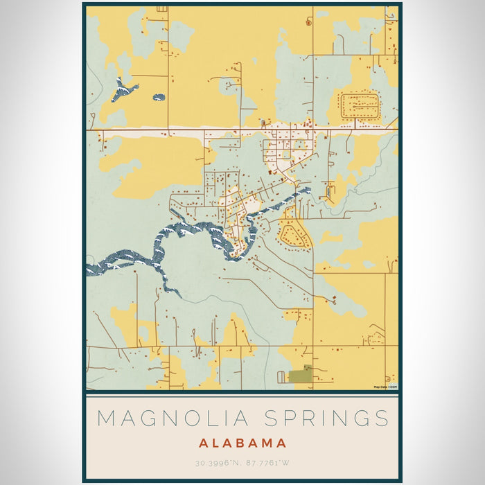 Magnolia Springs Alabama Map Print Portrait Orientation in Woodblock Style With Shaded Background