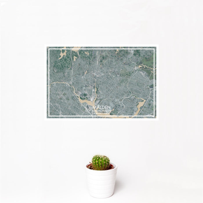 12x18 Malden Massachusetts Map Print Landscape Orientation in Afternoon Style With Small Cactus Plant in White Planter