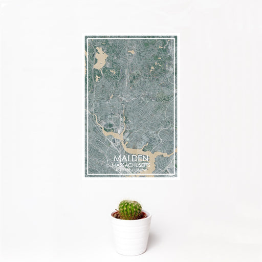 12x18 Malden Massachusetts Map Print Portrait Orientation in Afternoon Style With Small Cactus Plant in White Planter