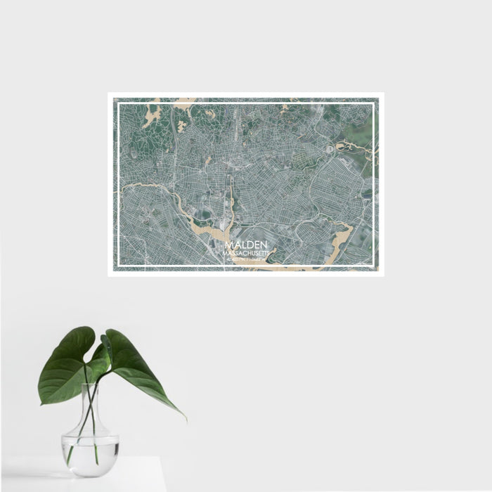 16x24 Malden Massachusetts Map Print Landscape Orientation in Afternoon Style With Tropical Plant Leaves in Water