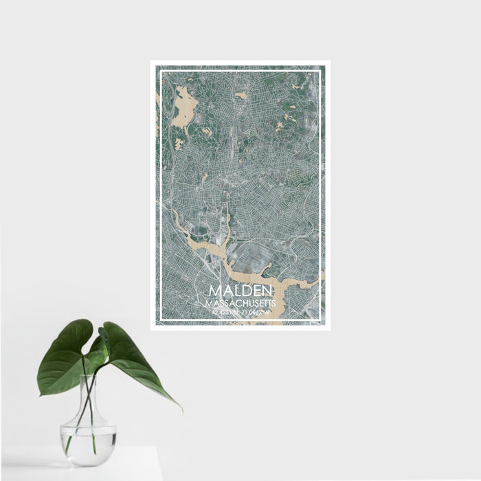 16x24 Malden Massachusetts Map Print Portrait Orientation in Afternoon Style With Tropical Plant Leaves in Water