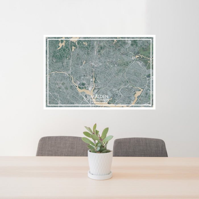 24x36 Malden Massachusetts Map Print Lanscape Orientation in Afternoon Style Behind 2 Chairs Table and Potted Plant
