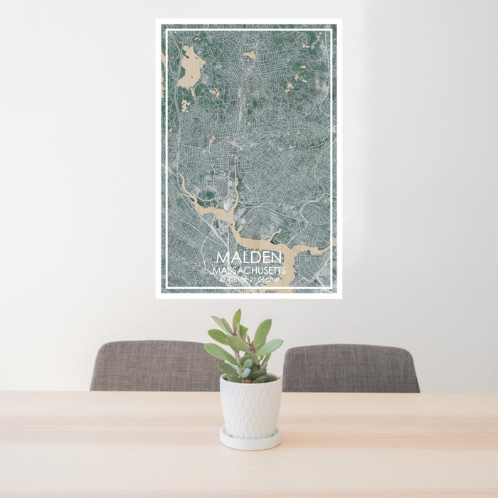 24x36 Malden Massachusetts Map Print Portrait Orientation in Afternoon Style Behind 2 Chairs Table and Potted Plant