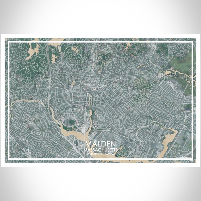 Malden Massachusetts Map Print Landscape Orientation in Afternoon Style With Shaded Background