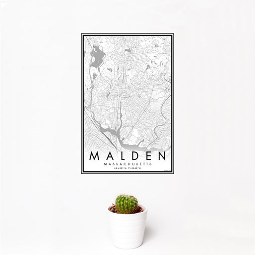 12x18 Malden Massachusetts Map Print Portrait Orientation in Classic Style With Small Cactus Plant in White Planter