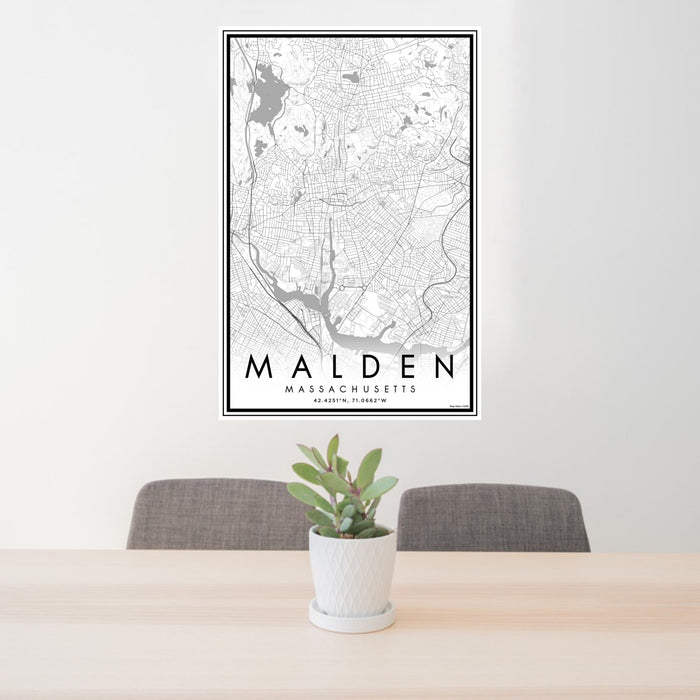 24x36 Malden Massachusetts Map Print Portrait Orientation in Classic Style Behind 2 Chairs Table and Potted Plant