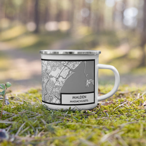 Right View Custom Malden Massachusetts Map Enamel Mug in Classic on Grass With Trees in Background
