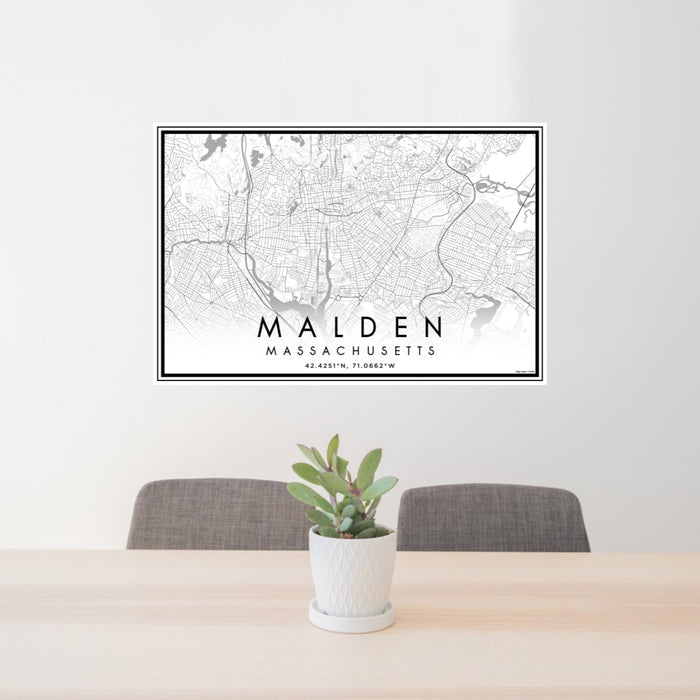 24x36 Malden Massachusetts Map Print Landscape Orientation in Classic Style Behind 2 Chairs Table and Potted Plant