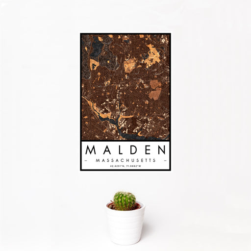 12x18 Malden Massachusetts Map Print Portrait Orientation in Ember Style With Small Cactus Plant in White Planter