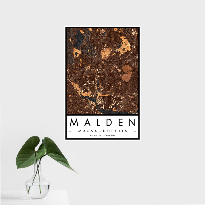 16x24 Malden Massachusetts Map Print Portrait Orientation in Ember Style With Tropical Plant Leaves in Water