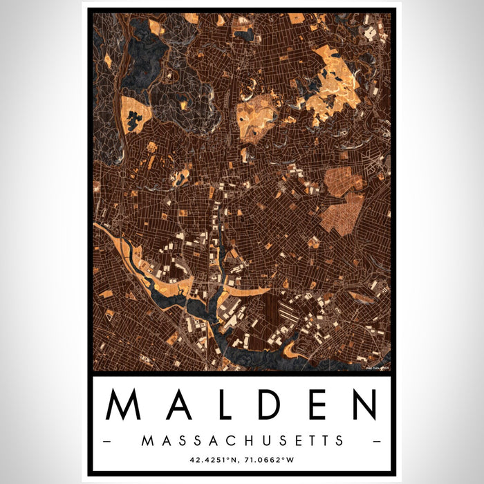 Malden Massachusetts Map Print Portrait Orientation in Ember Style With Shaded Background