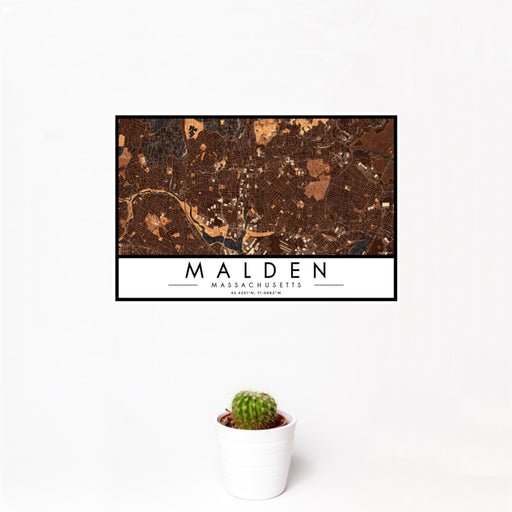 12x18 Malden Massachusetts Map Print Landscape Orientation in Ember Style With Small Cactus Plant in White Planter