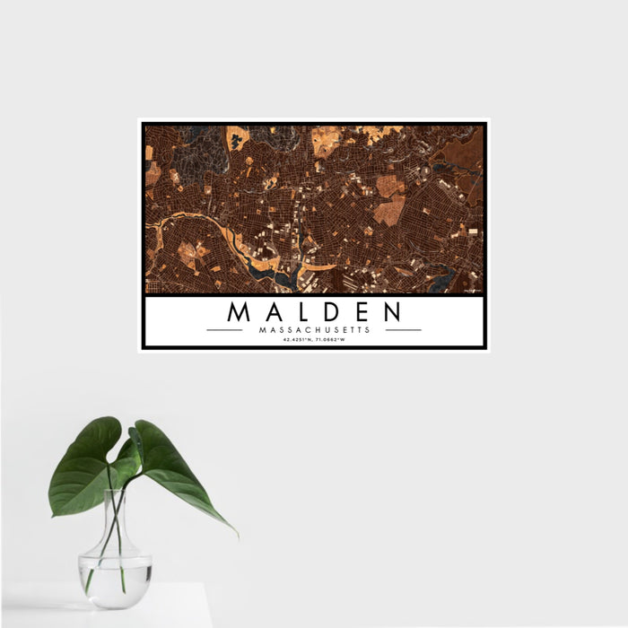 16x24 Malden Massachusetts Map Print Landscape Orientation in Ember Style With Tropical Plant Leaves in Water