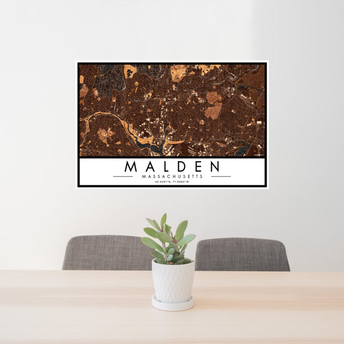 24x36 Malden Massachusetts Map Print Landscape Orientation in Ember Style Behind 2 Chairs Table and Potted Plant