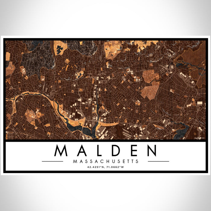 Malden Massachusetts Map Print Landscape Orientation in Ember Style With Shaded Background
