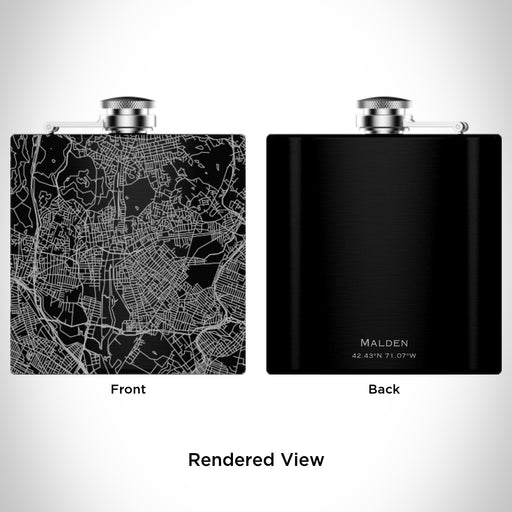 Rendered View of Malden Massachusetts Map Engraving on 6oz Stainless Steel Flask in Black