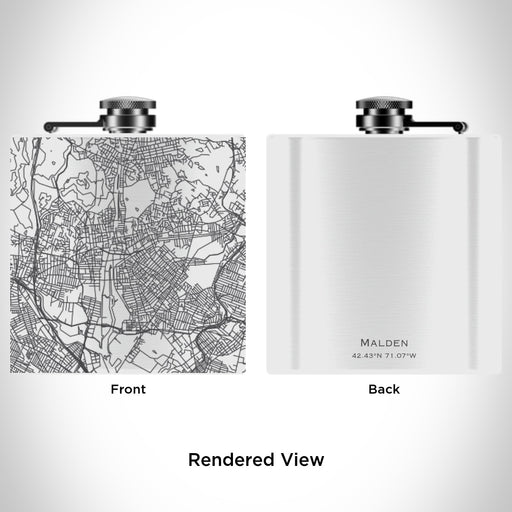 Rendered View of Malden Massachusetts Map Engraving on 6oz Stainless Steel Flask in White