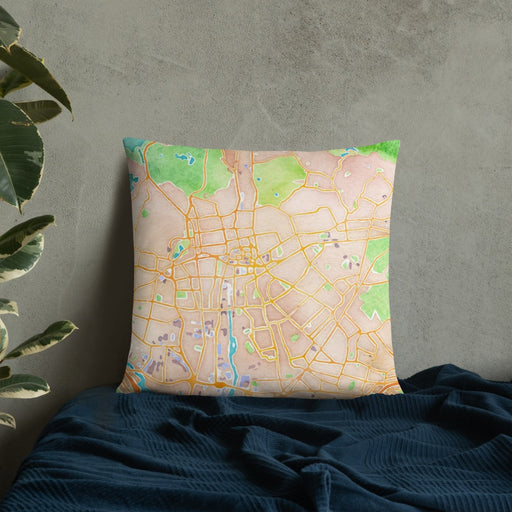 Custom Malden Massachusetts Map Throw Pillow in Watercolor on Bedding Against Wall