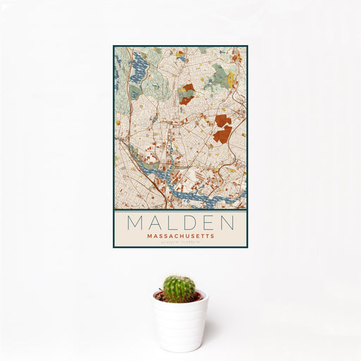 12x18 Malden Massachusetts Map Print Portrait Orientation in Woodblock Style With Small Cactus Plant in White Planter