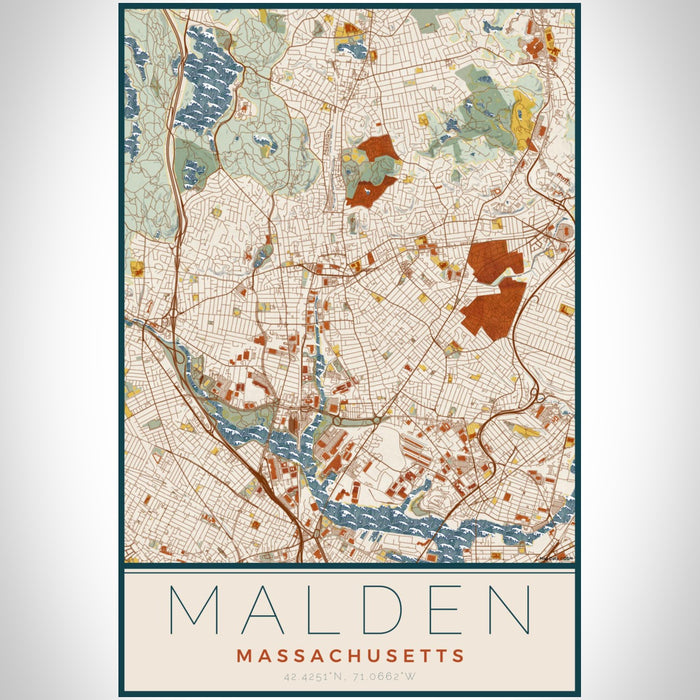 Malden Massachusetts Map Print Portrait Orientation in Woodblock Style With Shaded Background