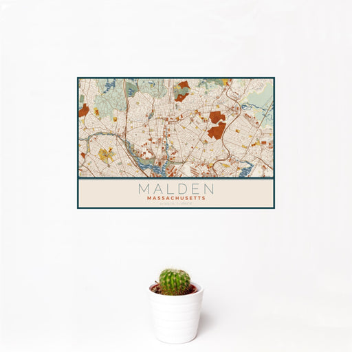 12x18 Malden Massachusetts Map Print Landscape Orientation in Woodblock Style With Small Cactus Plant in White Planter
