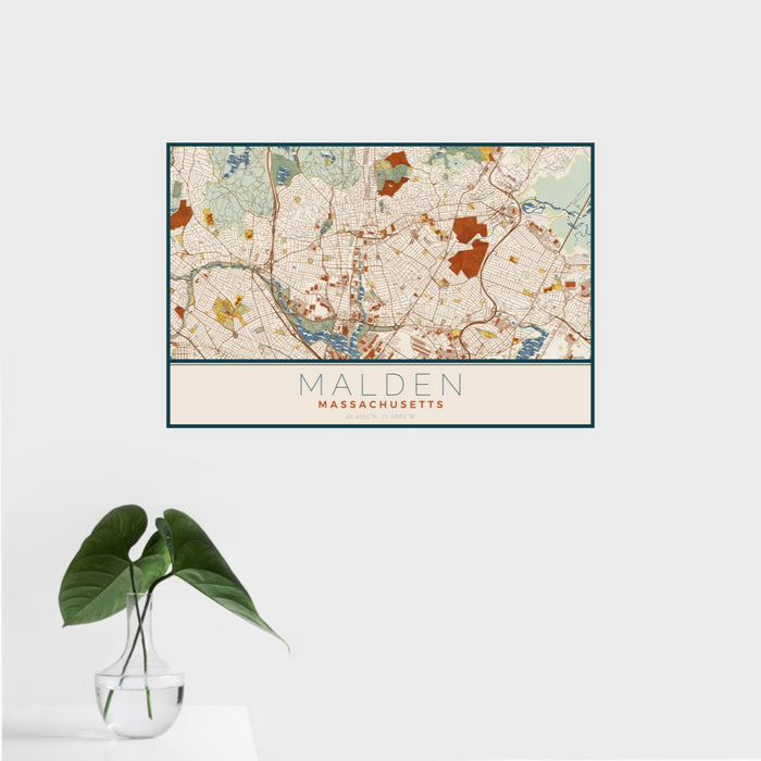 16x24 Malden Massachusetts Map Print Landscape Orientation in Woodblock Style With Tropical Plant Leaves in Water