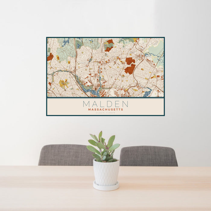 24x36 Malden Massachusetts Map Print Landscape Orientation in Woodblock Style Behind 2 Chairs Table and Potted Plant