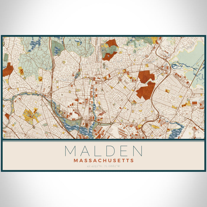 Malden Massachusetts Map Print Landscape Orientation in Woodblock Style With Shaded Background