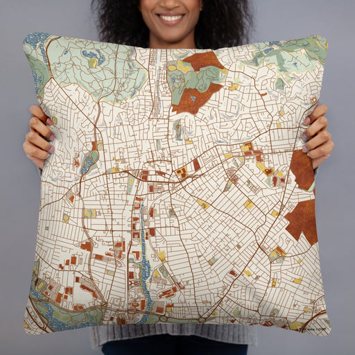 Person holding 22x22 Custom Malden Massachusetts Map Throw Pillow in Woodblock