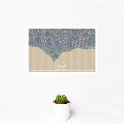 12x18 Malibu California Map Print Landscape Orientation in Afternoon Style With Small Cactus Plant in White Planter
