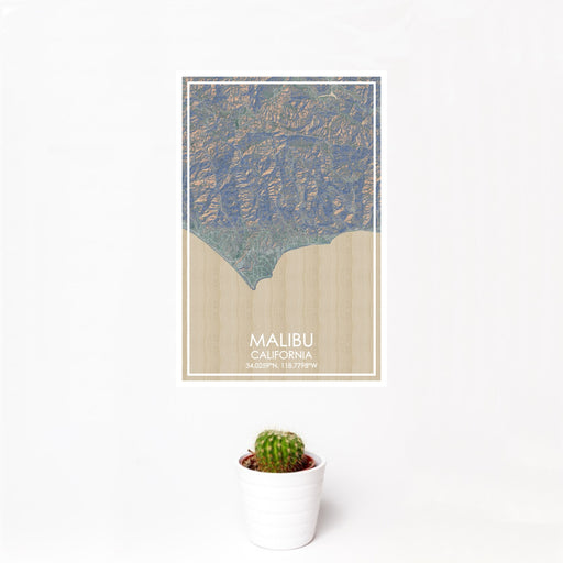 12x18 Malibu California Map Print Portrait Orientation in Afternoon Style With Small Cactus Plant in White Planter